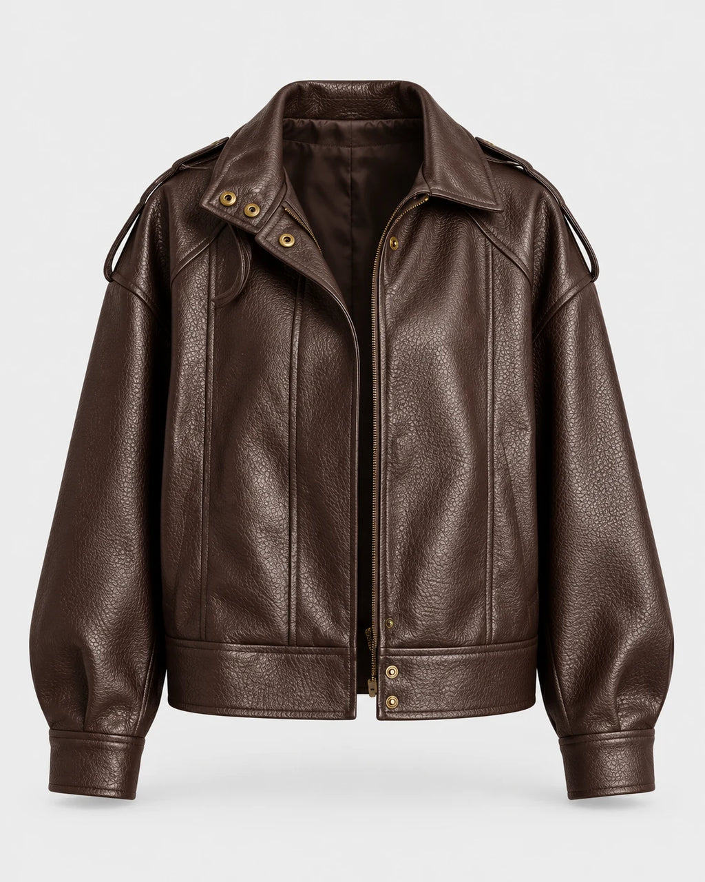 Chocolate Faux Leather Jacket, front view