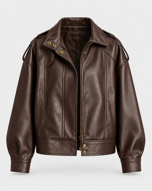 Chocolate Faux Leather Jacket, front view